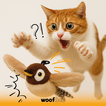 Chat jouant avec un oiseau interactif avec herbe à chat 