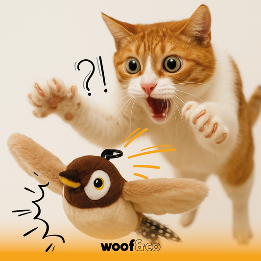 Chat jouant avec un oiseau interactif avec herbe à chat 